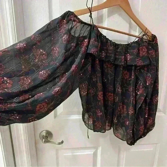 ULLA Johnson Coline Black Red Silk Off the Shoulder Spaghetti Strap Blouse 8 - Picture 4 of 8